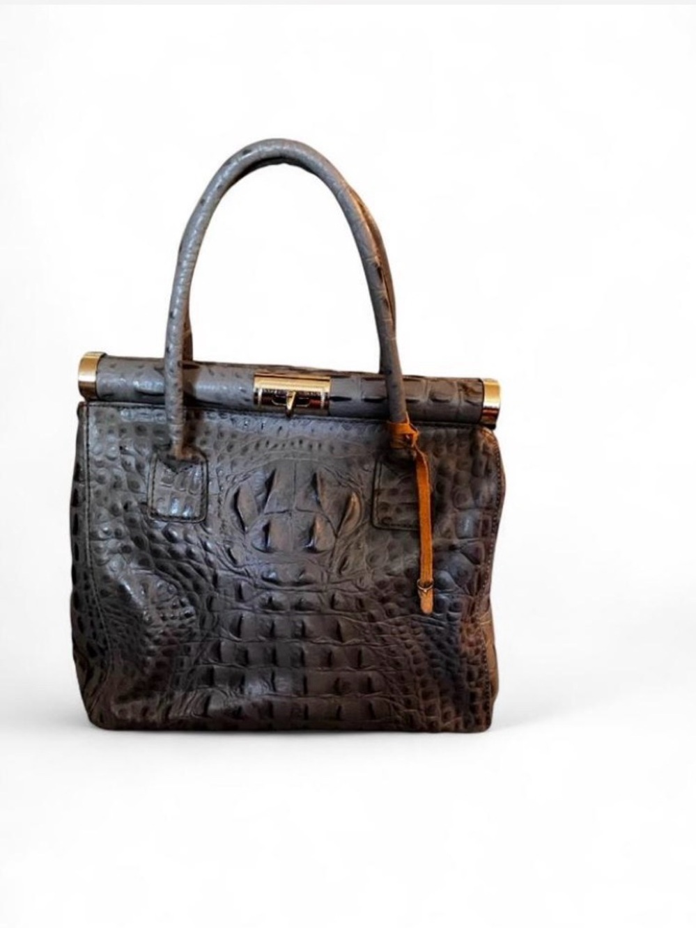 Croc-Embossed Structured Top-Handle Satchel in Brown